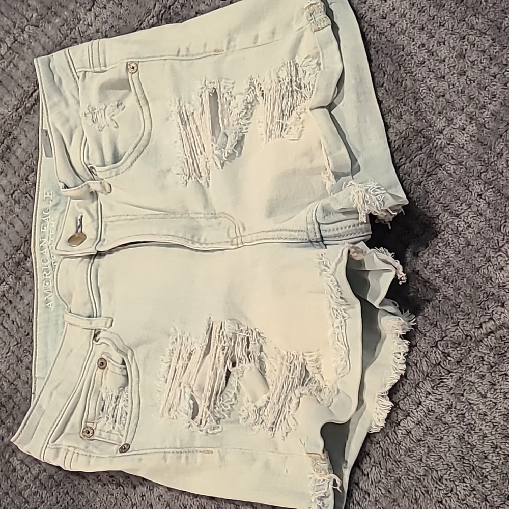 American eagle destroyed acid wash denim shorts,  "high rise shortie"
